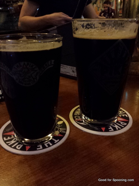 Beers at Pike Brewing - mine is the smaller one. It was NOT lady sized, it was stronger.
