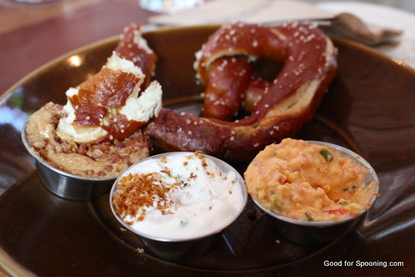 Pretzels at Bravehorse Tavern - L to R - Smoked Peanut Butter and Bacon, SourCream and Onion, Pimento Cheese dips