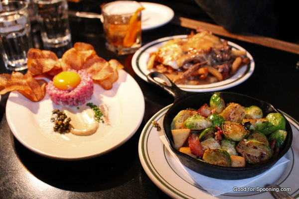 Tartare, Brussels Sprouts with bacon and the poutine with brisket. LOVE that the tartare was served with house made potato chips so our gluten free friend had a suitable delivery device!