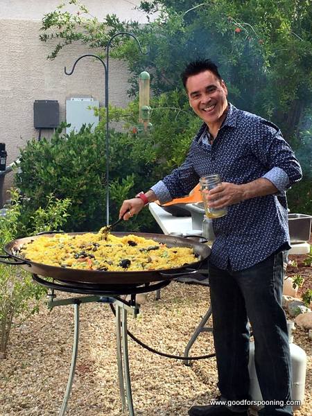 Chef Beni Velazquez at the 3 foot Paella pan in my back yard