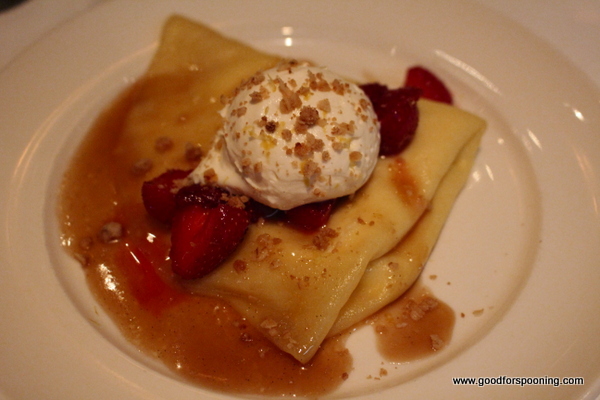 Light as air crepe filled with sweetened ricotta and lemon and topped with luscious berries and whipped mascarpone.