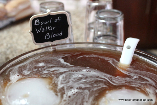 Bowl of Walker Blood Punch. Bulleit Bourbon and Fireball hit hard in this creeptastic punchbowl recipe.