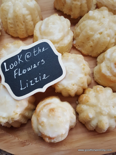 Look at the Flowers Lizzie cupcakes. Flower shaped lemon cupcakes with limoncello glaze. I used this recipe as a guideline.